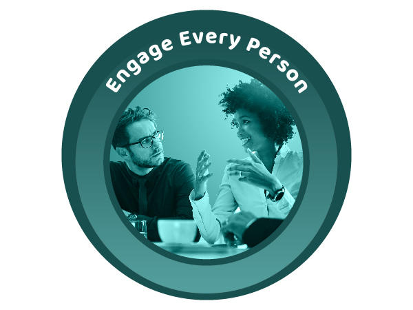 A teal green, circular icon with a photo of a talking with her hands and smiling at a conference table, while a bearded man in glasses, shirt, and tie looks at her. Above them are the words Engage Every Person.
