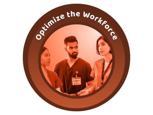 A reddish brown, circular icon with a photo of a three health care professionals in a group. Above them are the words Optimize the Workforce.