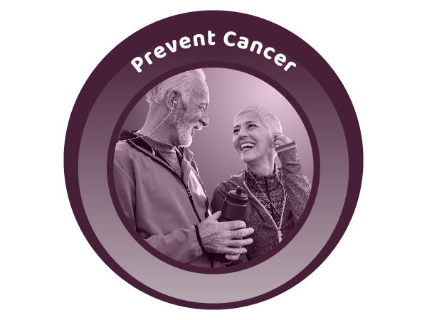 A purple, circular icon with a photo of an elderly man and woman in activewear, walking and laughing together. Above them are the words Prevent Cancer.