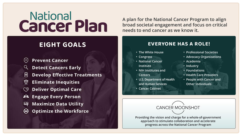 Infographic about the National Cancer Plan, including a brief description of the plan, eight goals, everyone who has a role, and how the plan relates to the Cancer Moonshot.