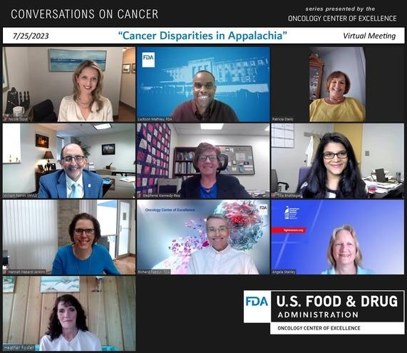 Men and women on individuals screens smiling at the camera and participating in the U.S. Food & Drug Administration Conversations on Cancer "Cancer Disparities in Appalachia" virtual meeting on July 25, 2023
