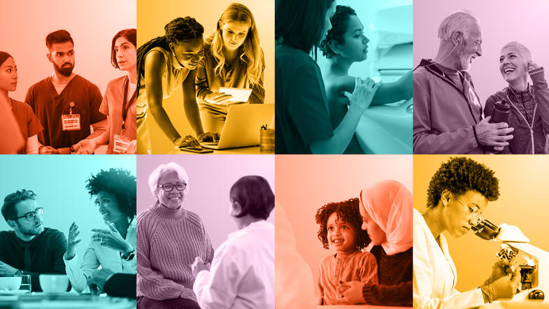 A multicolored grid of eight photos showing clinicians, researchers, and individuals talking, collaborating, or otherwise engaging in activities that align with the goals of the National Cancer Plan.