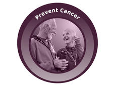 A purple, circular icon with a photo of an elderly man and woman in activewear, walking and laughing together. Above them are the words Prevent Cancer.