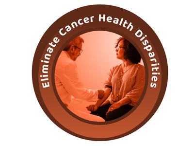 A reddish brown, circular icon with a photo of a woman and a doctor.