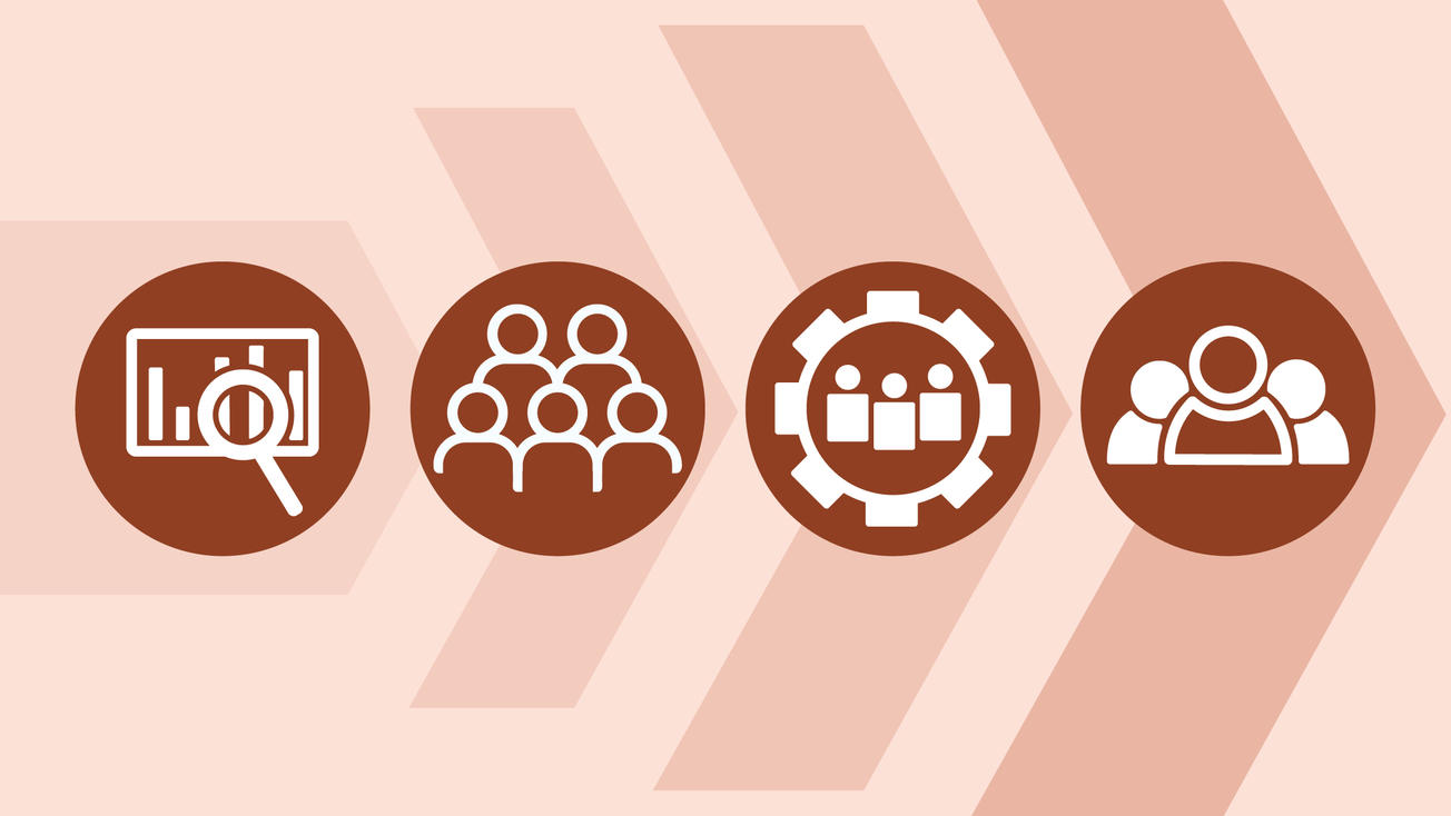 An orange colored graphic with four icons depicting the empowering goals of the National Cancer Plan. Transparent arrows in the background symbolize the goals moving cancer care forward.